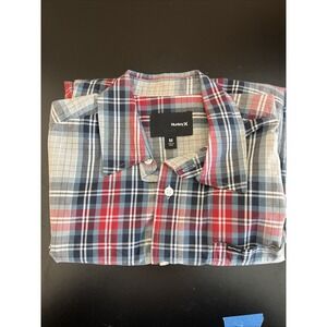 Hurley Button Down Shirt Men's  Sz M Plaid Gray,‎ Red, Black Pocket